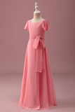 Coral Chiffon Short Sleeves A Line Junior Bridesmaid Dress with Bowknot