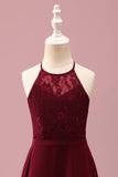 Burgundy Halter Lace A Line Chiffon Long Junior Bridesmaid Dress