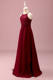 Burgundy Halter Lace A Line Chiffon Long Junior Bridesmaid Dress