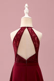 Burgundy Halter Lace A Line Chiffon Long Junior Bridesmaid Dress