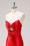 Red Mermaid Strapless Cut Out Ruched Long Prom Dress with Bows