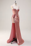 Blush Spaghetti Straps Mermaid Metallic Long Corset Prom Dress with Slit