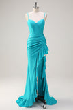 Blue Spaghetti Straps Mermaid Beaded Long Corset Prom Dress with Ruffle Slit