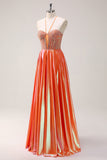 Sparkly Orange A-Line Halter Beaded Metallic Long Prom Dress with Beading