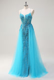 Sparkly Blue Spaghetti Straps Sequin Long Prom Dress with Side Cape