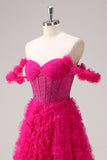 Fuchsia A-Line Tiered Off the Shoulder Long Corset Prom Dress with Beading