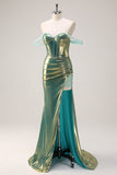 Green Off the Shoulder Mermaid Metallic Long Corset Prom Dress with Slit