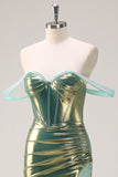 Green Off the Shoulder Mermaid Metallic Long Corset Prom Dress with Slit