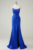 Royal Blue Mermaid Corset Spaghetti Straps Appliqued Long Prom Dress