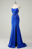 Royal Blue Mermaid Corset Spaghetti Straps Appliqued Long Prom Dress