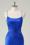 Royal Blue Mermaid Corset Spaghetti Straps Appliqued Long Prom Dress