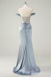 Dusty Blue Mermaid Corset Off The Shoulder Long Prom Dress With Slit