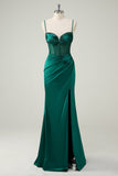 Dark Green Mermaid Spaghetti Straps Corset Long Prom Dress With Slit