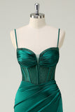 Dark Green Mermaid Spaghetti Straps Corset Long Prom Dress With Slit