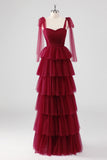 Burgundy A Line Tied Shoulder Straps Tiered Tulle Formal Dress