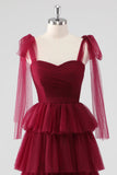 Burgundy A Line Tied Shoulder Straps Tiered Tulle Formal Dress