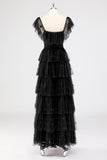 A Line Black Square Neck Tiered Formal Dress