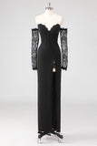 Black Sheath Corset Cold Shoulder Lace Formal Dress With Long Sleeves