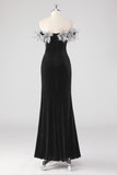 Black Mermaid Strapless Pleated Formal Dress With 3D Flowers