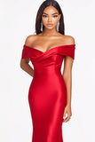 Red Mermaid Off The Shoulder Satin Formal Dress