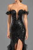 Black Mermaid Off The Shoulder Sequins Tulle Formal Dress