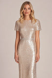 Sparkly Apricot Sheath Sequins Short Sleeves Long Mother of the Bride Dress