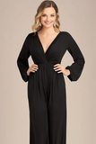 Black V-neck Long Sleeves Chiffon Mother of the Bride Jumpsuits