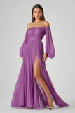 Purple A Line Long Sleeves Long Chiffon Formal Dress with Slit