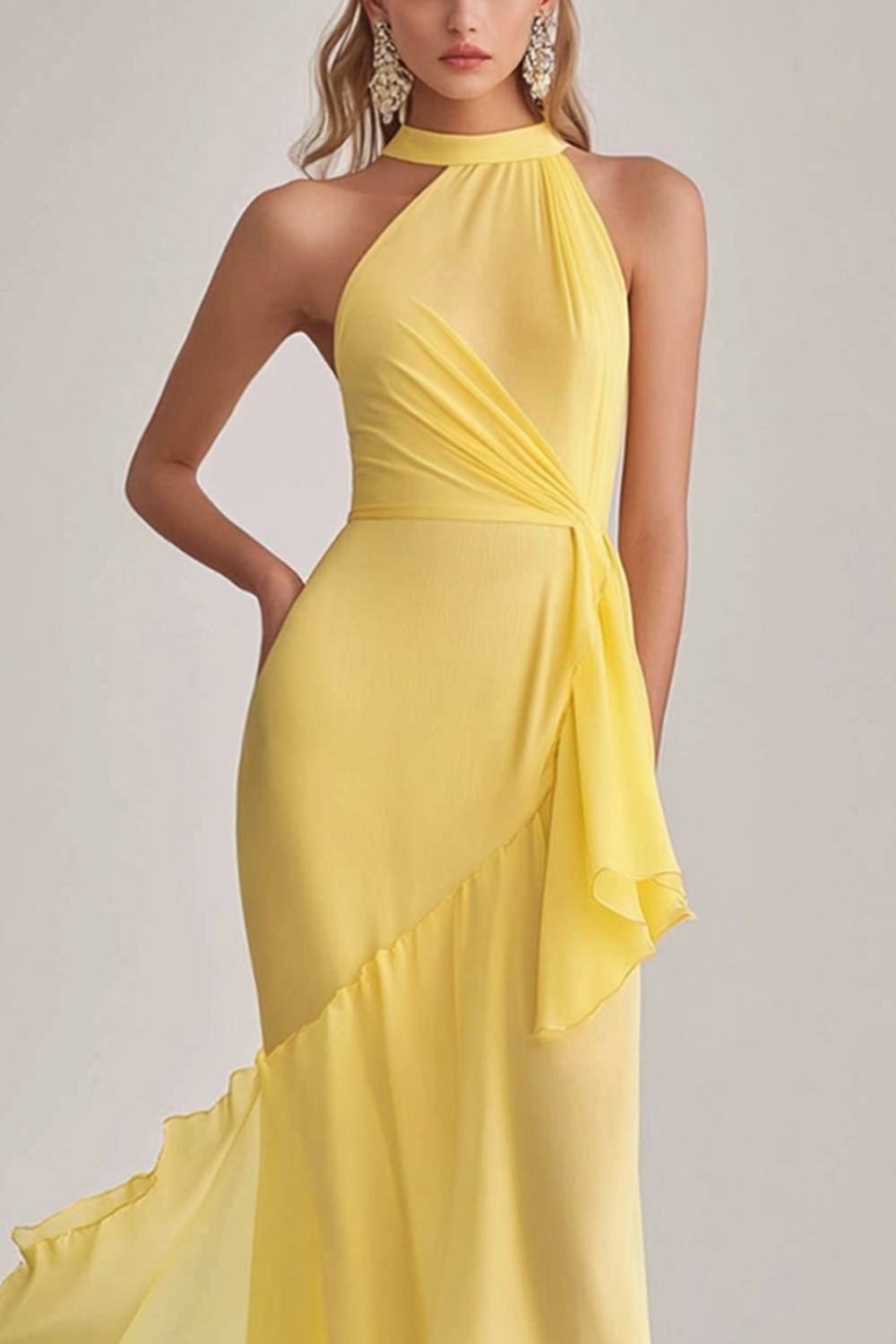 Zapaka Women Light Yellow Halter Neck Mermaid Formal Dress Chiffon Long Wedding Guest Dress ZAPAKA NZ Zapaka Women Light Yellow Halter Neck Mermaid Formal Dress Chiffon Long Wedding Guest Dress ZAPAKA NZ