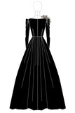 Black Satin Boat Neck Long Sleeves A-Line Long Wedding Guest Dress