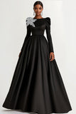 Black Satin Boat Neck Long Sleeves A-Line Long Wedding Guest Dress