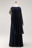 Navy Sheath Appliqued Mother Of The Bride Dress With Shawl