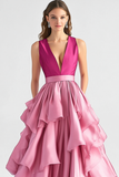 Hot Pink A-Line V Neck Ruffles Long Prom Dress