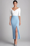 White and Light Blue Mermaid V Neck 1/2 Sleeves Knee Length Mother Of the Brides Dress with Slit