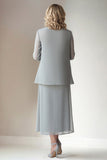 Light Grey Sheath Round Neck 2 Piece Mother of The Bride Dress