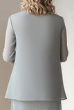 Light Grey Sheath Round Neck 2 Piece Mother of The Bride Dress