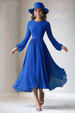 Royal Blue A Line Long Sleeve Round Neck Mother of the Bride Dress