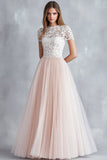 Light Pink A Line Lace Tulle Bridesmaid Dress With Short Sleeves