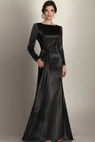 Black Mermaid Long Sleeves Satin Ruched Long Mother of the Bride Dress