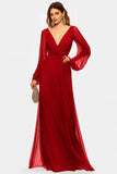 Red V-Neck Chiffon Mother Of the Bride Dress with Long Sleeves