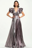 Taro Purple Pleated Metallic Satin Short Ruffle Sleeves Formal Dress