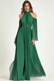 Green A Line Cold Shoulder Halter Long Mother Of the Bride Dress