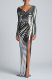 Silver Metallic Satin Ruched Sheath Formal Dress with Slit