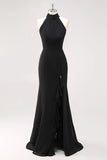 Black Halter Neck Ruffles Mermaid Long Formal Dress