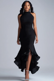 Black Ruffles Mermaid Halter Neck Long Gala Dress with Slit