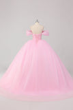 Princess Pink Ball Gown Off the Shoulder Beading Tulle Quinceanera Dress