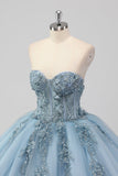 Princess Grey Blue Strapless Tulle Quinceanera Dress with Appliques