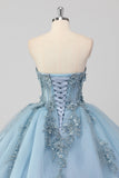 Princess Grey Blue Strapless Tulle Quinceanera Dress with Appliques