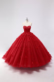 Sparkly Red Ball Gown Strapless Tulle Quinceanera Dress with Flower Appliques