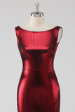 Burgundy Satin Round Neck Sheath Formal Dress with Slit